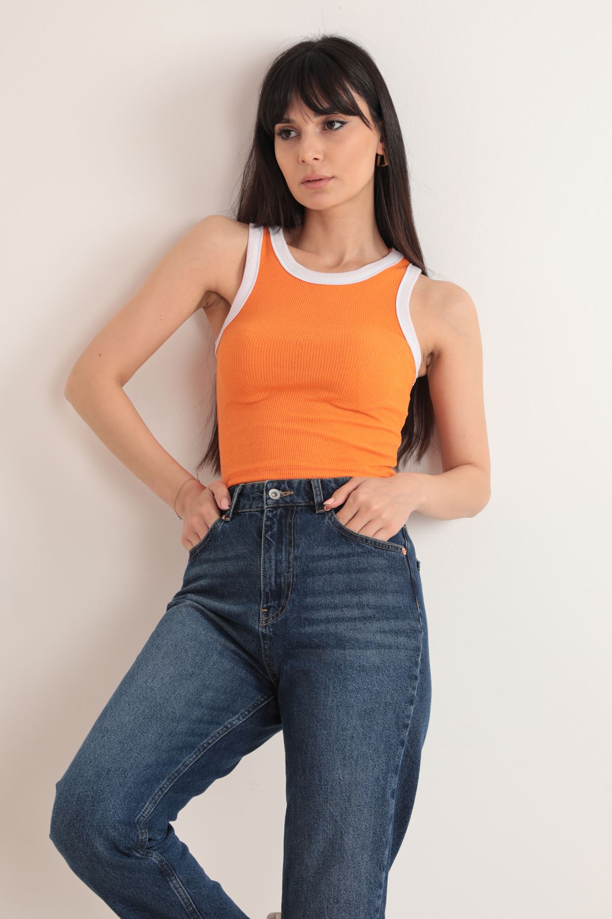 Kaşkorse%20Kumaş%20%20Halter%20Yaka%20Kadın%20Bluz-Oranj