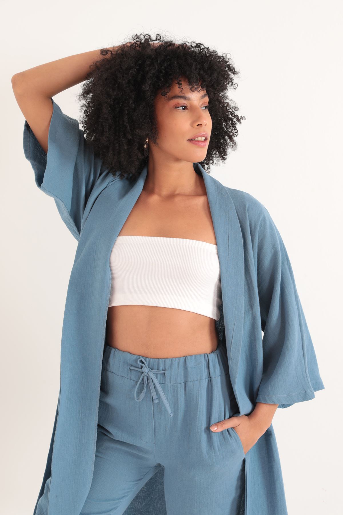 Müslin%20Kumaş%20Oversize%20Kadın%20Kimono-İndigo