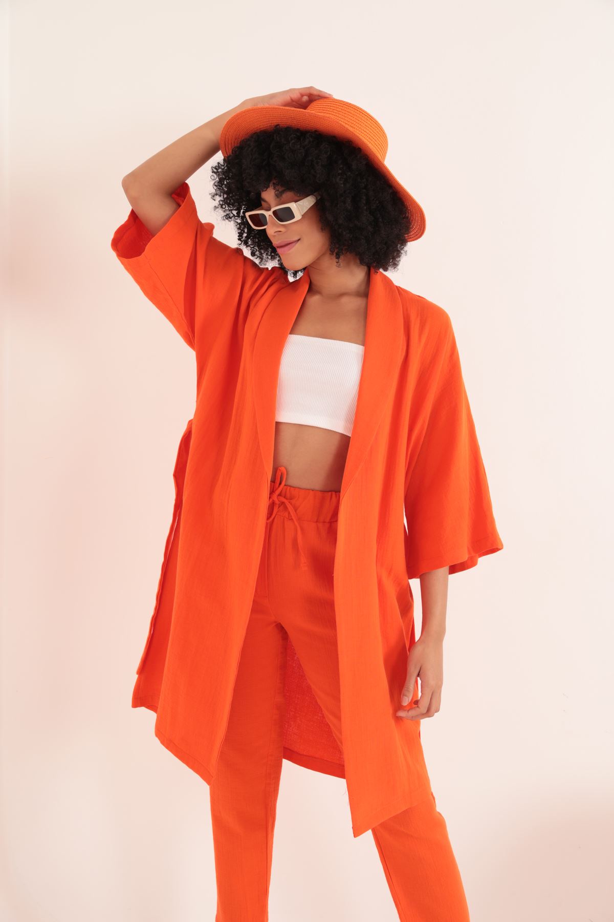 Müslin%20Kumaş%20Oversize%20Kadın%20Kimono-Oranj