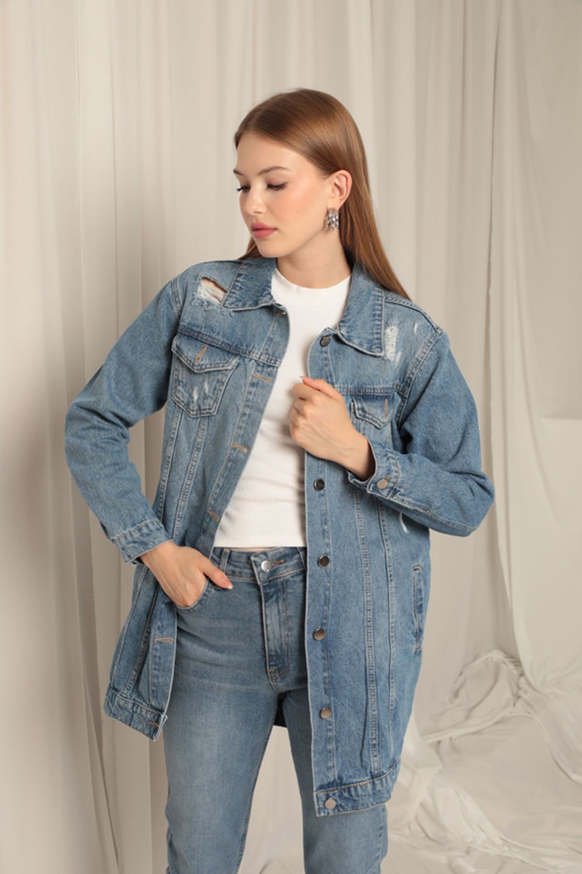 Denim%20Kumaş%20Uzun%20Kadın%20Mavi%20Kot%20Ceket