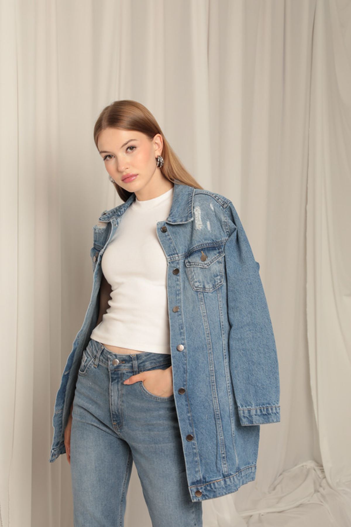 Denim%20Kumaş%20Uzun%20Kadın%20Mavi%20Kot%20Ceket