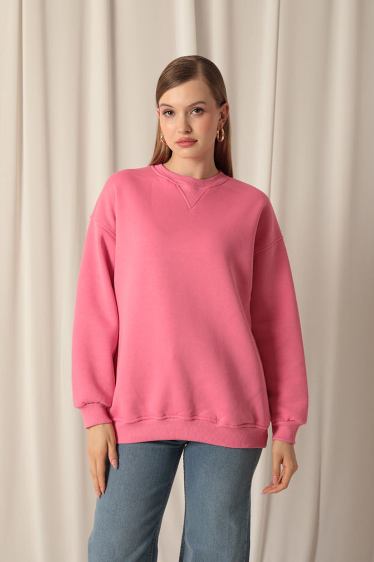 Üç%20İplik%20Karyokalı%20Sıfır%20Yaka%20Kadın%20Pembe%20Sweat