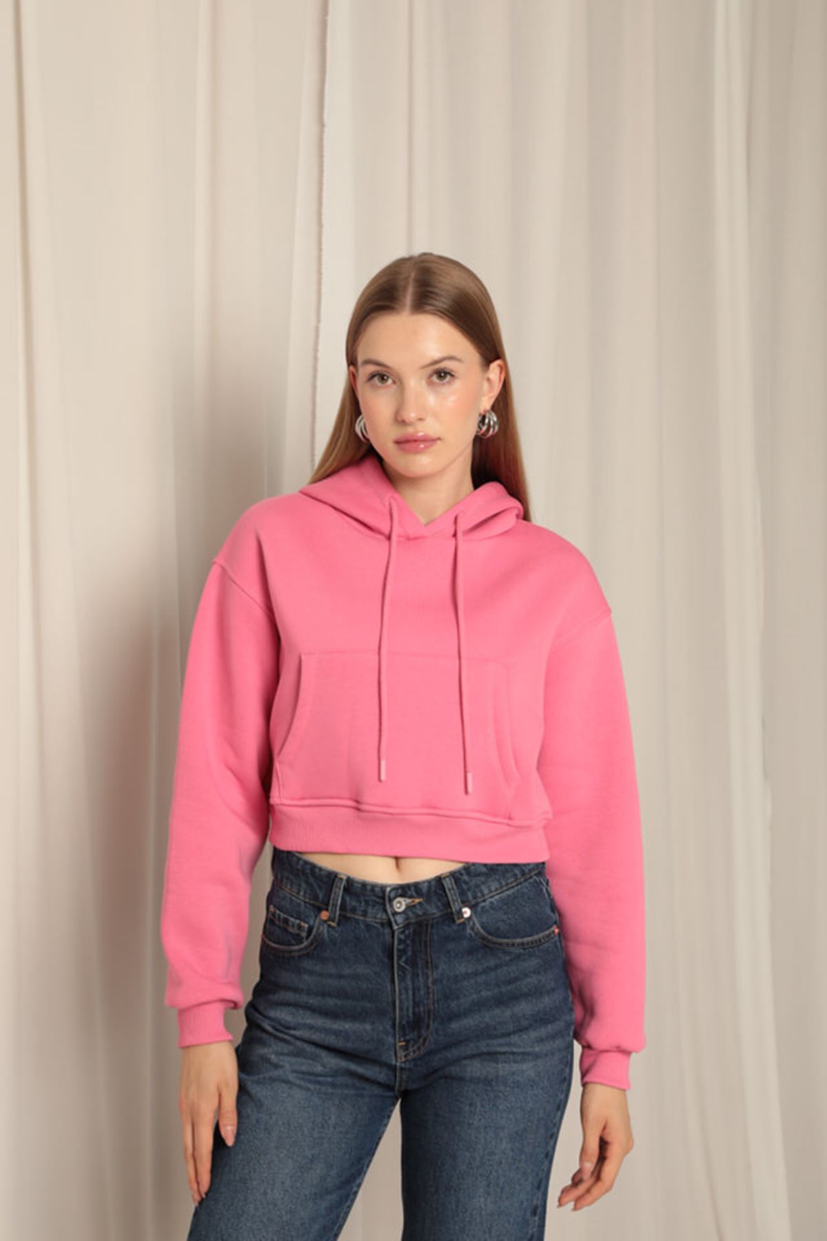 Üç%20İplik%20Kumaş%20Kapüşonlu%20Kısa%20Kadın%20Pembe%20Sweat