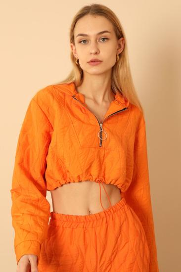 Jakar Kumaş Kapüşonlu Soğan Desen Kadın Crop Sweat-Oranj