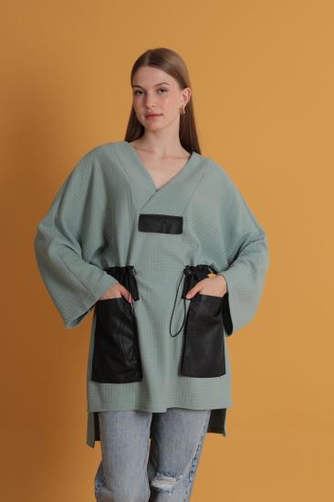 Petek Kumaş Garnili Oversize Kadın Sweat-Mint