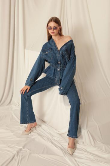 Denim Kumaş Beli Lastikli Kadın Mavi Kot Ceket