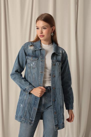 Denim Kumaş Uzun Kadın Mavi Kot Ceket