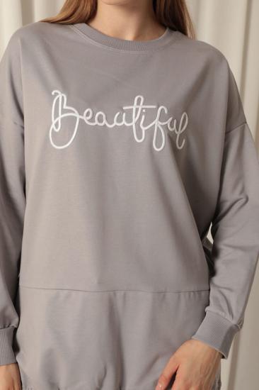 İki İplik Kumaş Beautiful Nakışlı Eteği Garnili Koyu Gri Sweat