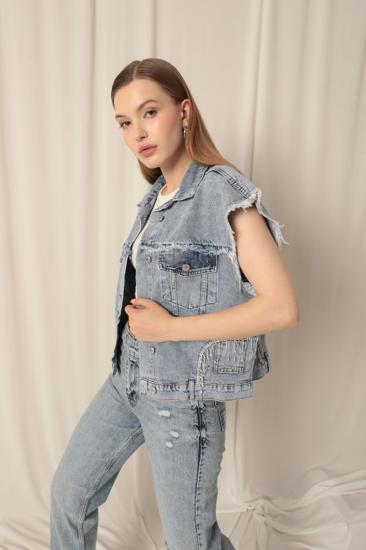 Denim Kumaş Yanı Taş Detaylı Kadın Mavi Yelek