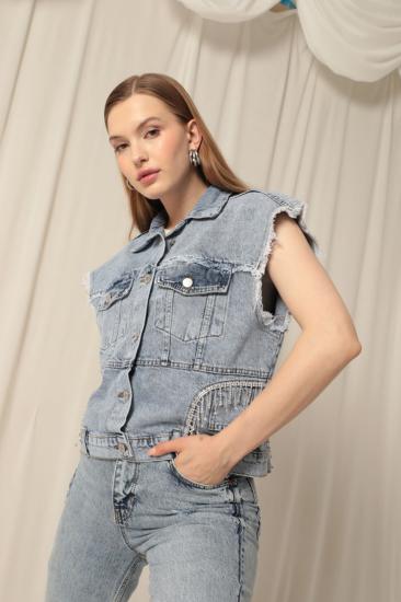 Denim Kumaş Yanı Taş Detaylı Kadın Mavi Yelek